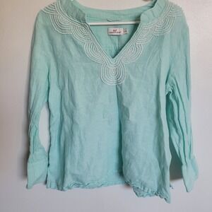 Vineyard Vines Linen Blend Beaded V Neck Tunic Top Women's M Aqua Teal Turquoise